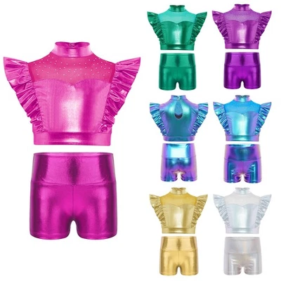 UK Girls 2 Piece Hip Hop Dance Outfits Ruffle Crop Tops +Shorts Set Ballet Jazz - Image 1 of 3