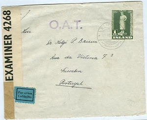 ICELAND 1942, Cubierta Censurada a Portugal sin AT hdstp - Imagen 1 de 1