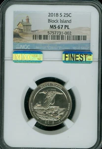 2018 S BLOCK ISLAND QUARTER NGC MS67 PL PQ FINEST GRADE POP 5 MAC SPOTLESS . - Picture 1 of 2