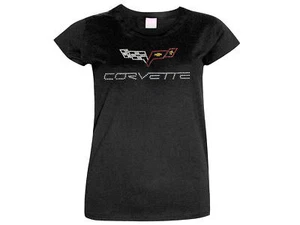 Corvette C6 Ladies T-Shirt Rhinestone Emblem Black - Picture 1 of 2