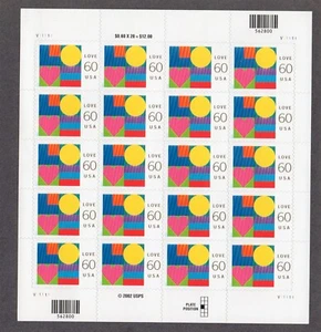 U.S. COMM PANE OF 20 SCOTT#3658 2002 60ct LOVE GEOMETRIC SHAPES MNH P#V11111 - Picture 1 of 1