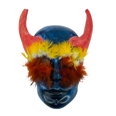 Hand Painted Hanging Plaster Mask Venetian Feather Blue Pink Wall Mount Horned - Image 1 of 4