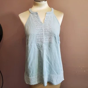 Skies are Blue Sleeveless Top M Blue Embroidery Yolk Hem Racerback Anthropology - Picture 1 of 13