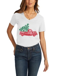 Womens Red Green Christmas Tree Truck Graphic Print V Neck Short Sleeve T Shirt - Picture 1 of 17