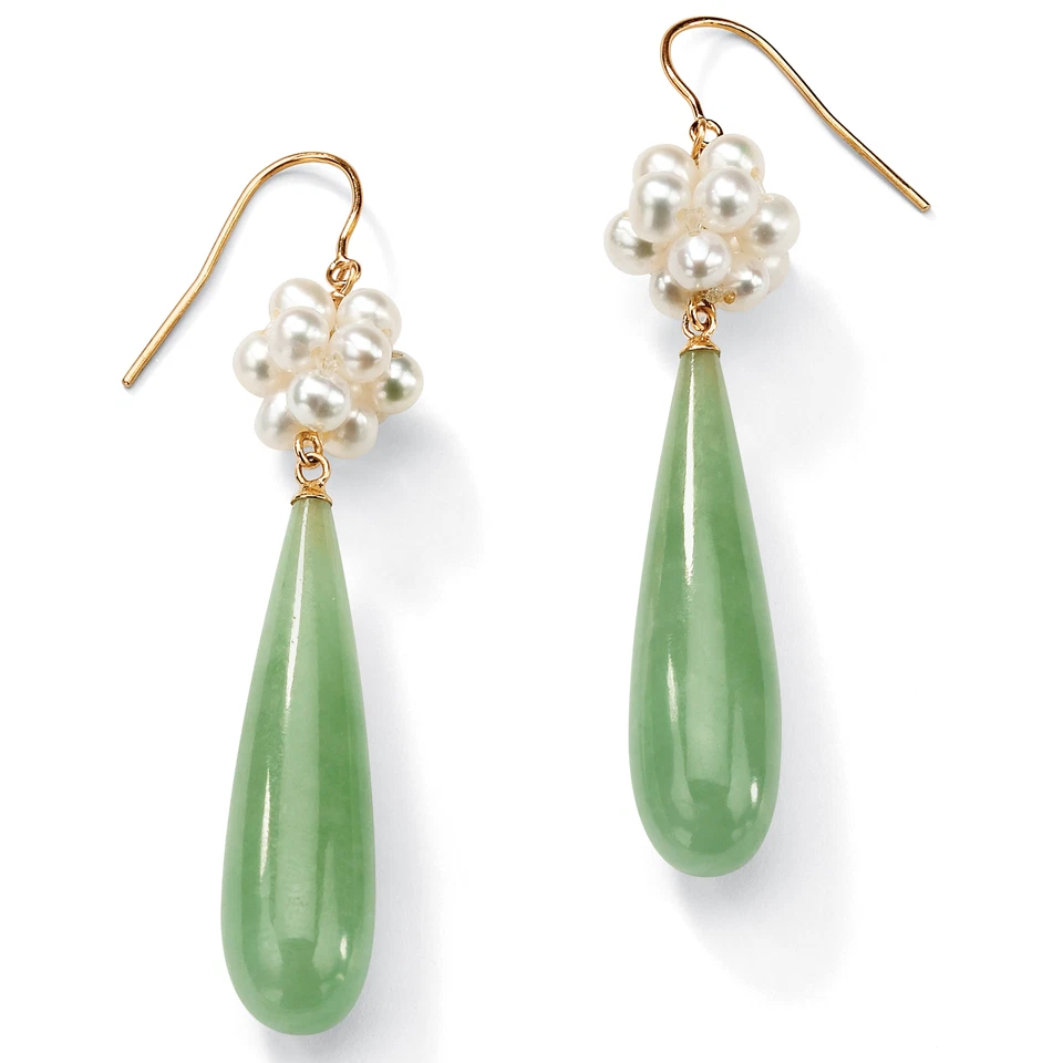 Jade and Cultured Freshwater Pearl Accent 10k Yellow Gold Drop Earrings - Image 1 of 1