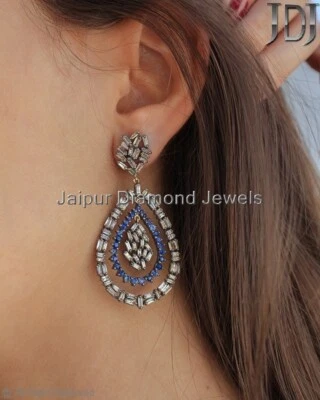 Natural Baguette Diamond Blue Sapphire Gemstone Drop Dangle Earrings Jewelry NEW - Image 1 of 4