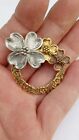 VTG Dogwood Flower Wreath Brooch Multi Tone Repousse Metal 3D Dimensional Rare