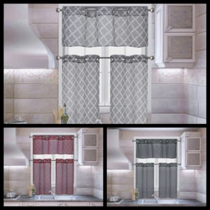 3PC KITCHEN PRINTED 2 TONE VOILE SHEER WINDOW CURTAIN VALANCE AND TIER PANEL - Picture 1 of 13