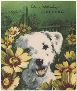 Vintage Welpe Hund Blumen verschlossen geprägt Grußkarte vorne & innen Abschnitte - Bild 1 von 4