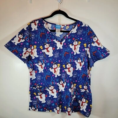 Frosty The Snowman Scrub Top Large V-neck Short Sleeve Christmas Winter - Image 1 of 4