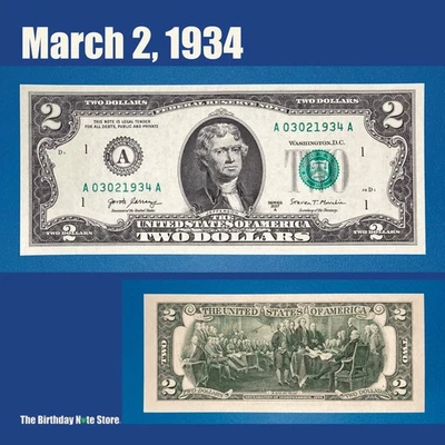 March 2, 1934 Birthday Anniversary $2 Two Dollar Bill Serial Number 03021934 - Image 1 of 2