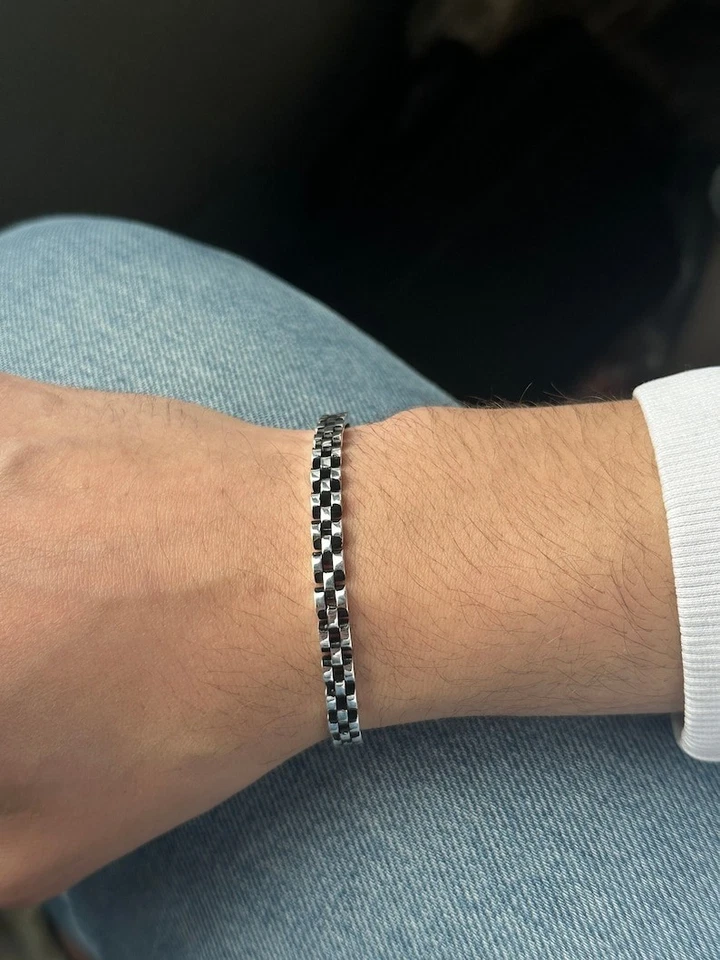 Mens Silver Thin Link Chain Bracelet Elegant Oxidized 925 Sterling Gift For Him - Image 1 of 4