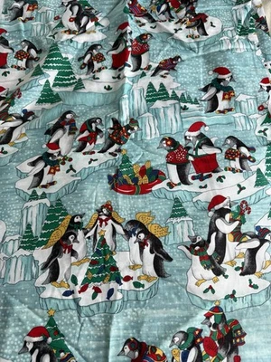 Vtg 2 Yards Christmas Penguin Fabric Concord Holiday Quilting Turquoise Blue - Image 1 of 4