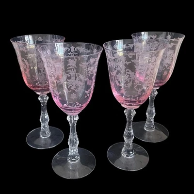 4件套复古Fostoria水晶Navarre粉色蚀刻高脚杯眼镜,7 5/8 — 第 1/4 张图片