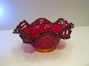 VTG Fenton Ruby Red 2 Row Open Edge Basketweave Pattern Ruffled Top Basket - Picture 1 of 4