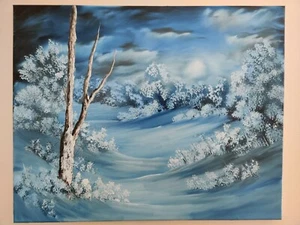 Winter Moon Snowy Night Landscape Original Oil Painting Trees Moonlight - Picture 1 of 3