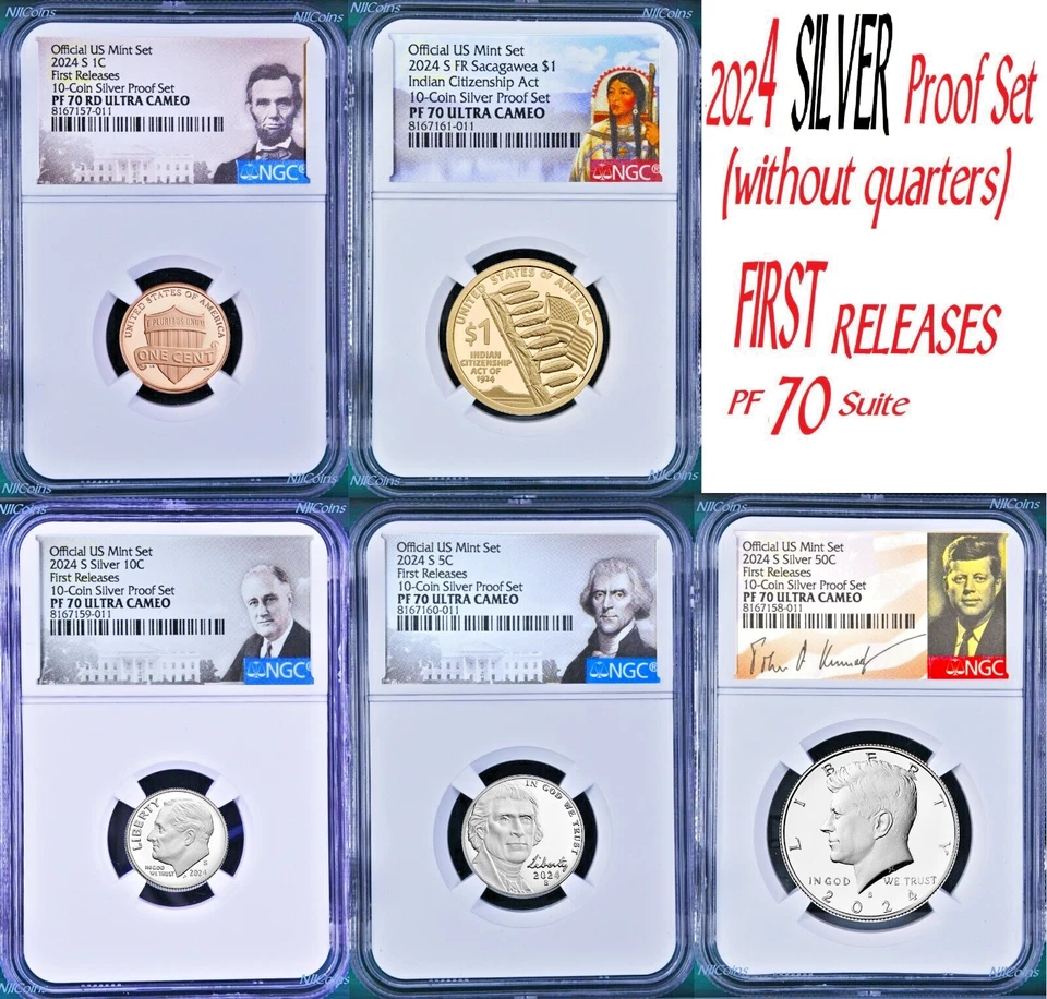 2024 US Mint 5 Coin Silver Proof SET Dime Cent Nickel $1 50c NGC PF70 FR - Image 1 of 1