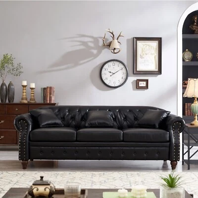 Chesterfield Faux Leather Sofa 3 Seater Button Tufted Couch With Pillows Storage - Image 1 of 4