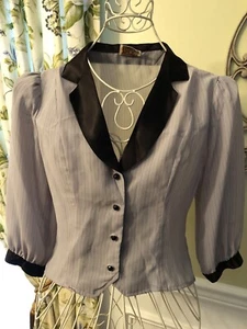 True Vintage 80's Tuxedo Style Satin Collar Secretary Career Blouse  Small WOW! - Picture 1 of 2