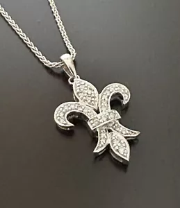 Natural Round Diamond 14K White Gold Fleur De Lis Charm Pendant 18kt Gold Chain - Picture 1 of 14