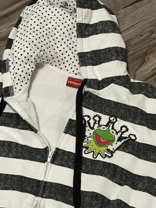 2008 Muppets Junior XXL 19 Kermit Graphic Hoodie Black & White Stripe Full Zip - Picture 1 of 6