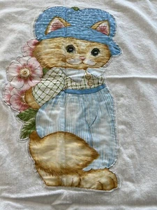 Vintage Calico Katze Baby Decke Handarbeit Applikation Mid Century grüne Borte - Bild 1 von 10