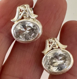 Sterling Silver Earrings Oval Crystal Stud Post Signed 925 Thai Stunning Dressy - Picture 1 of 9