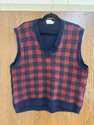 Salvatore Ferragamo Plaid Wool Cotton Sweater Vest Navy Red L Made in Italy VTG - Image 1 of 4