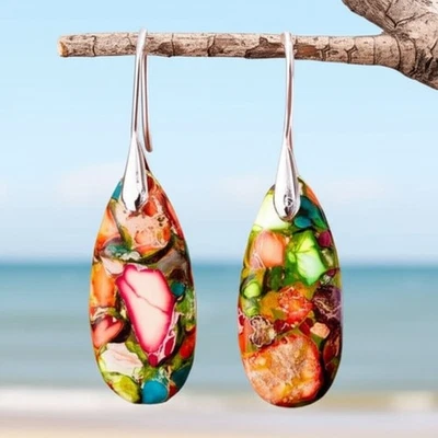 Natural Sea Sediment Stone Dangle Earrings Bohemian Reiki Healing Women Jewelry - Image 1 of 3