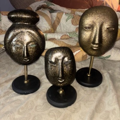 Vintage Family Sculpture Mom Dad Child Metal Masks on Stands Decor - Image 1 of 4
