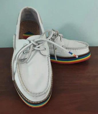 Sperry Top Sider Boat Shoes Womens Size 6 White Leather Rainbow Sole Limited Ed - Image 1 of 4