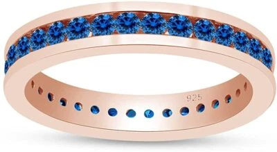 Round Cut Simulated  Blue-Topaz Full Eternity Band Ring14K Gold Plated Silver - Image 1 of 4