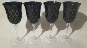 Crystal Cut Glass Dark Blue WiNE Glass Diamond Pattern Set Of 4 - Picture 1 of 9