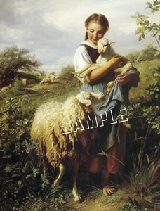 ANTIQUE ERA VICTORIAN GIRL SHEPHERDESS SHEEP LAMB RURAL FARM *CANVAS* ART PRINT - Picture 1 of 1