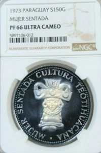 1973 PARAGUAY SILVER 150 GUARANIES MUJER SENTADA NGC PF 66 ULTRA CAMEO SCARCE - Picture 1 of 4