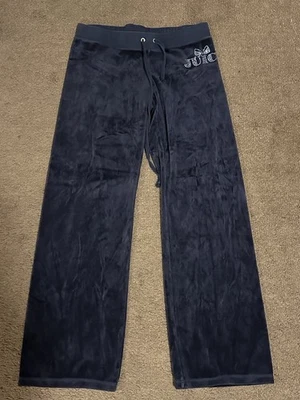 Vintage Juicy Couture Navy Blue Y2K Low Rise Wide Leg Velour Bling Trackpants - Image 1 of 4