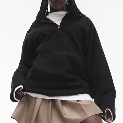 Topshop Borg Cuarto Cremallera Negro Polar Sudadera con Capucha Manga Larga Bolsa Bolsillo Suéter M Foto 1 de 4