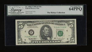 DBR 1995 $5 FRN Atlanta Fr. 1985-F Legacy 64 PPQ Serial F21817152E - Picture 1 of 2