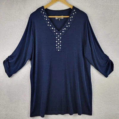 Top tejido marca Slinky talla 1X adornado cuello en V Rusch manga 3/4 pulóver azul marino Foto 1 de 4