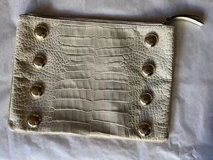 Max Mara beige croc embossed leather clutch zip top gold raised discs - Picture 1 of 7