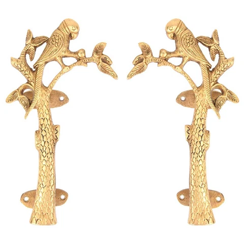 Set of 2 Antique Golden Bronze Parrot On Tree Door Pull Handle Vintage Style Cover