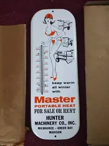 Master Equipment Portable Heat Metal Vtg Tin Sign Adv NEW BOX Thermometer Pin Up - Picture 1 of 8