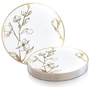 Antique Floral Round Disposable Plastic Plates Wedding Party Value Sets 120 PCS - Picture 1 of 13