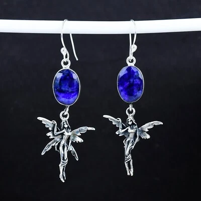 Zaffiro Blu Orecchini Fairy Design Creato IN Laboratorio 925 Argento Per Regalo - Immagine 1 di 4