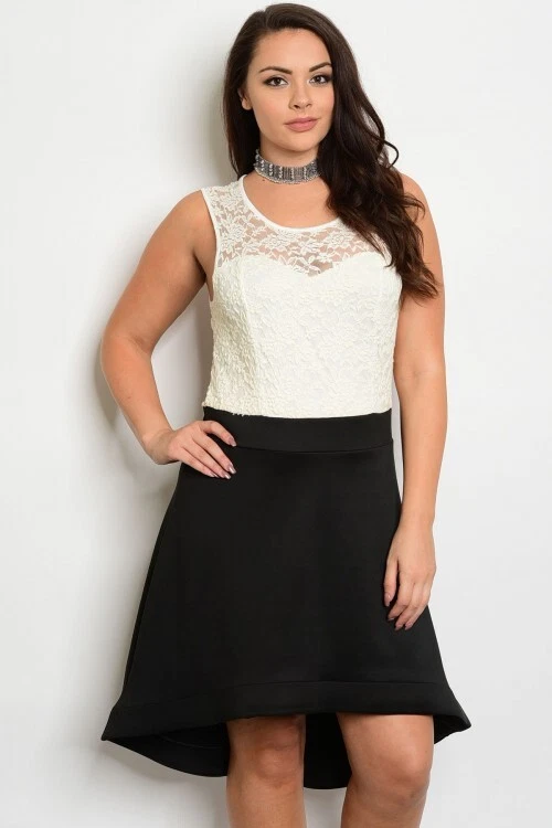 Womens Plus Size Black and Ivory Dress 1XL High Low Lace Bodice - Image 1 of 1
