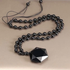 Black Obsidian Hexagram Pendant Talisman Meditation Bead Chain Unisex Necklace - Picture 1 of 3