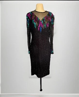 Vintage SCALA Women’s Sequin Beaded Dress Black Pink Silk Party Cocktail - Image 1 of 4