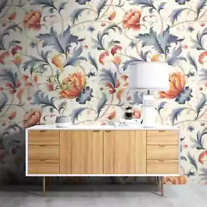 Removable Wallpaper, White Blue Floral -Peel & Stick, Removable, Self Ad - Picture 1 of 8