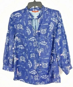 Modcloth Women's Peasant Top Blue Aquatic Print Fish Ruffled 3/4 Sleeve Size S.  - Picture 1 of 9