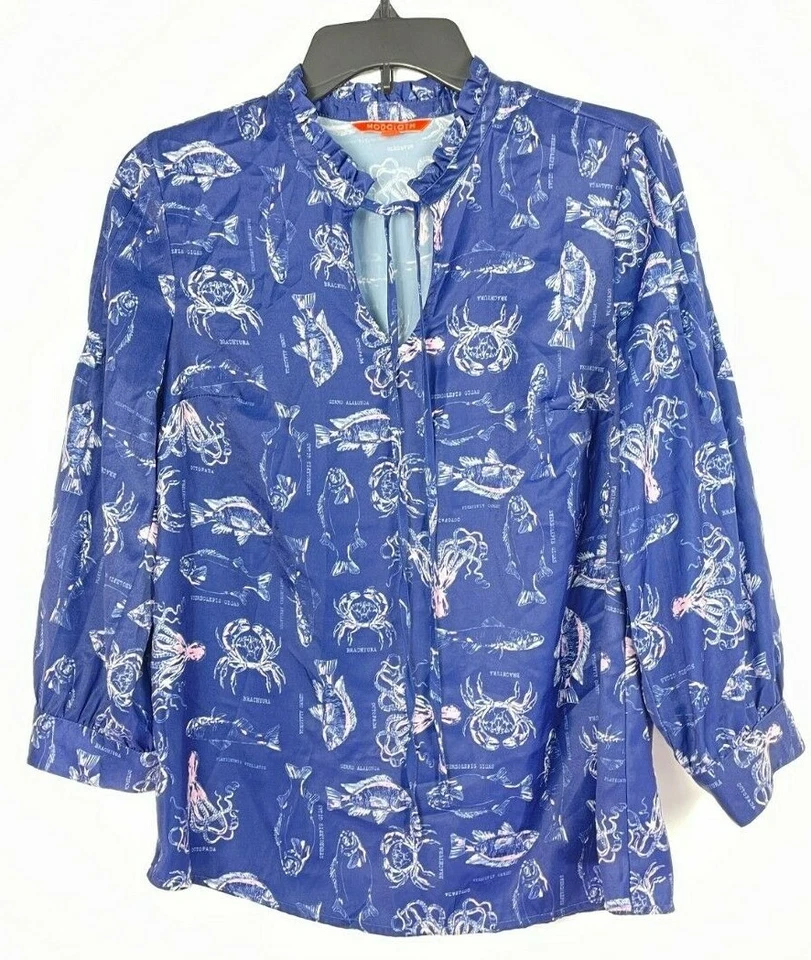 Modcloth Women's Peasant Top Blue Aquatic Print Fish Ruffled 3/4 Sleeve Size S.  - Image 1 of 4